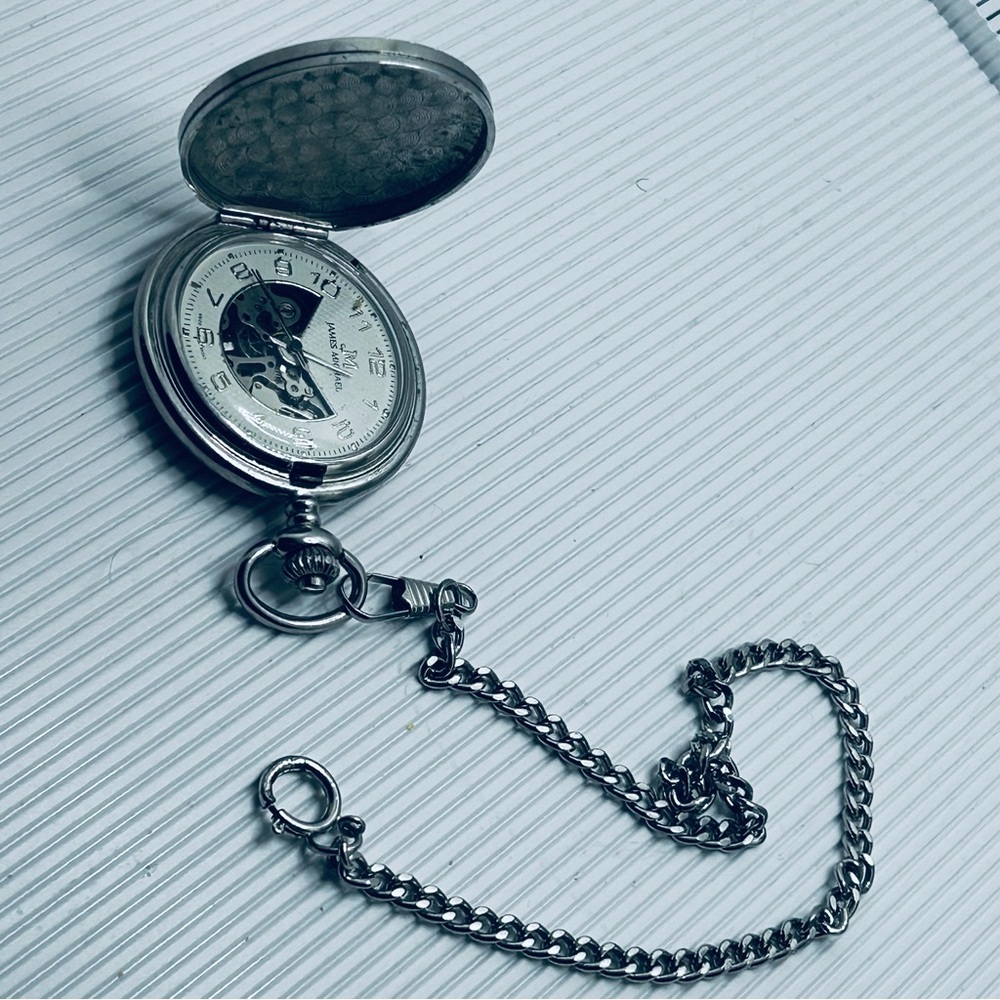 Vintage James Michael Silver Art Deco Pocket Watch with Chain